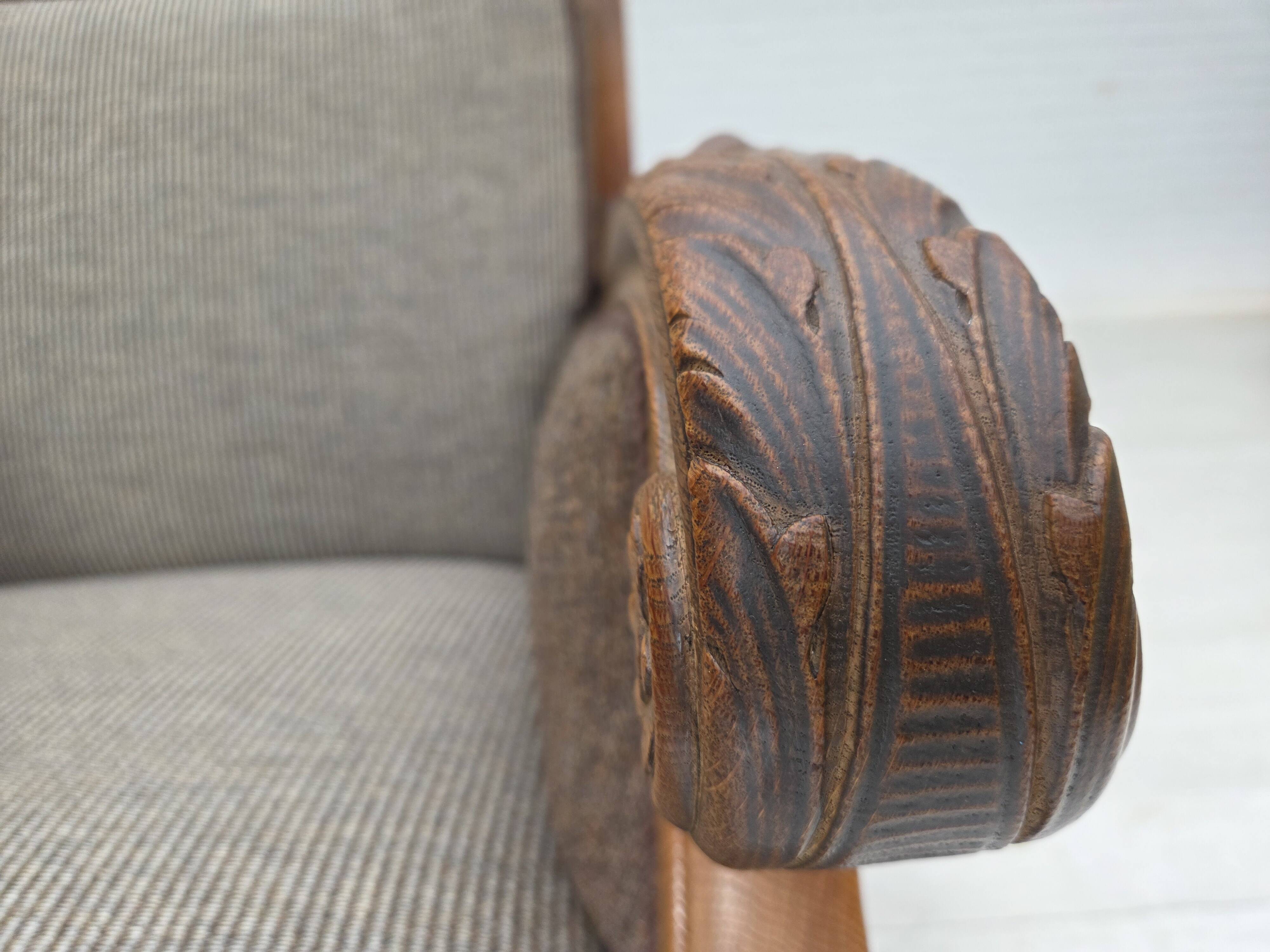 1950s, Danish armchair, furniture wool, solid carved oak wood.