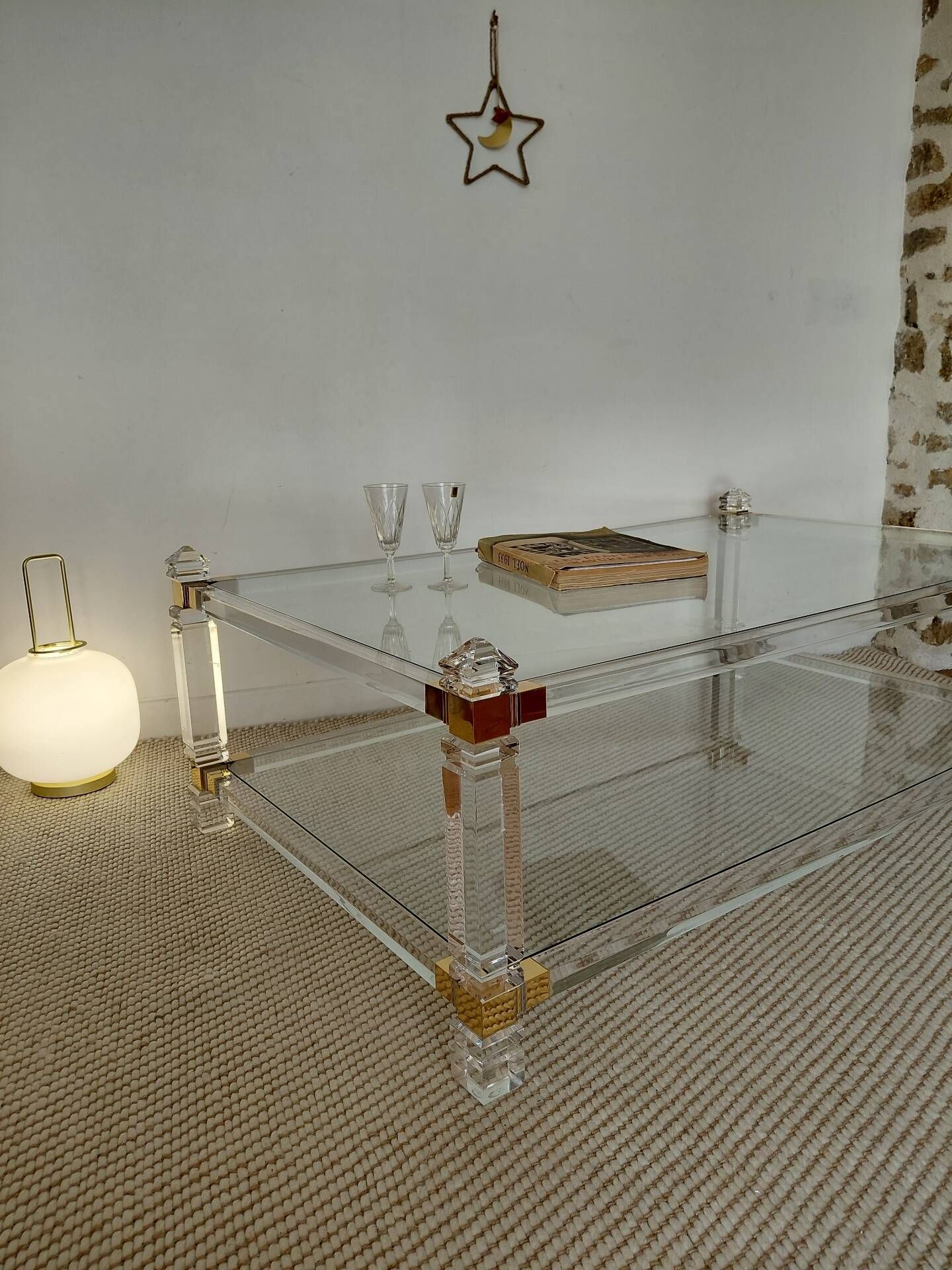 Large Hollywood Regency coffee table Lucite Brass double top 70s