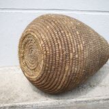 Large old basket with lid, burgundy straw and bramble, woven basket