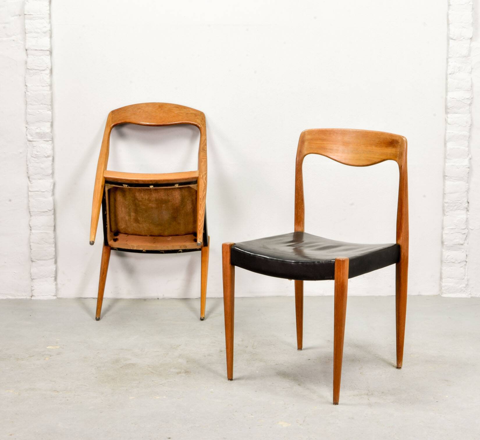 Niels Otto Moller Style Solid Teak Wood Dining Chairs with Leatherette 50s