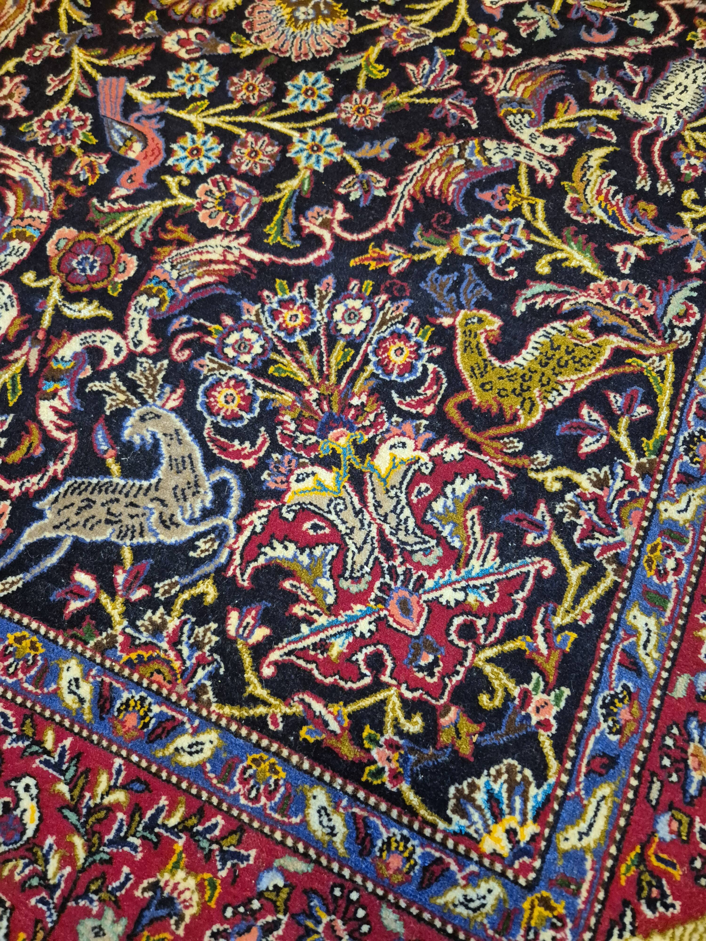 Grand Tapis Kashan Chasse Bleu Nuit 146x222 – Scène Animée