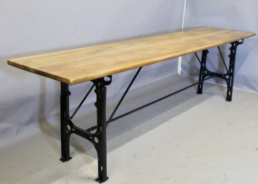 Grande Console Industrielle Plateau Noyer Piètement Fonte