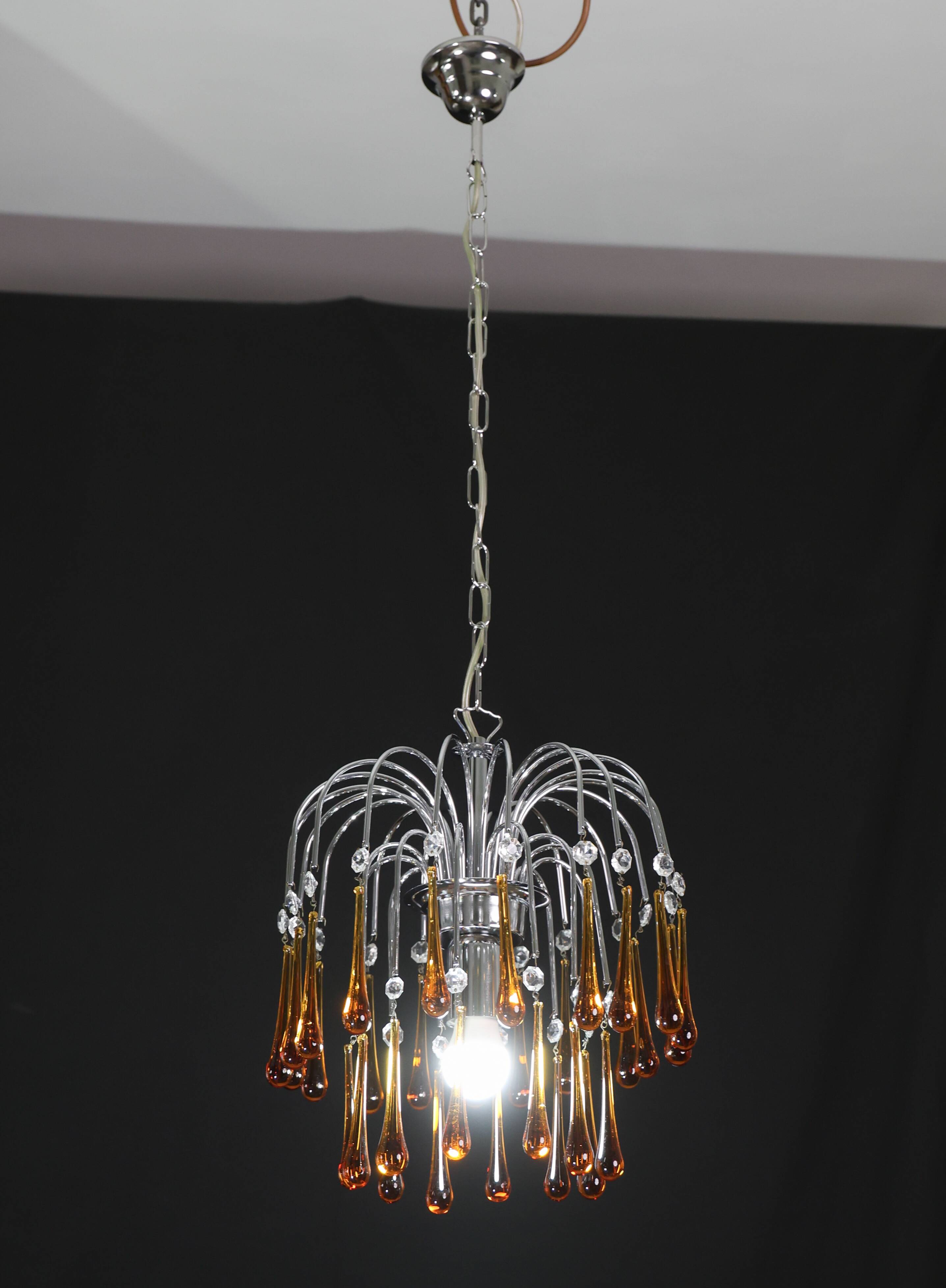 The Amber Crown, Murano Chandelier Amber and Crystal Drops, 1970s