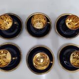 Service à café porcelaine Goumot-Labesse or et véritable bleu de four.