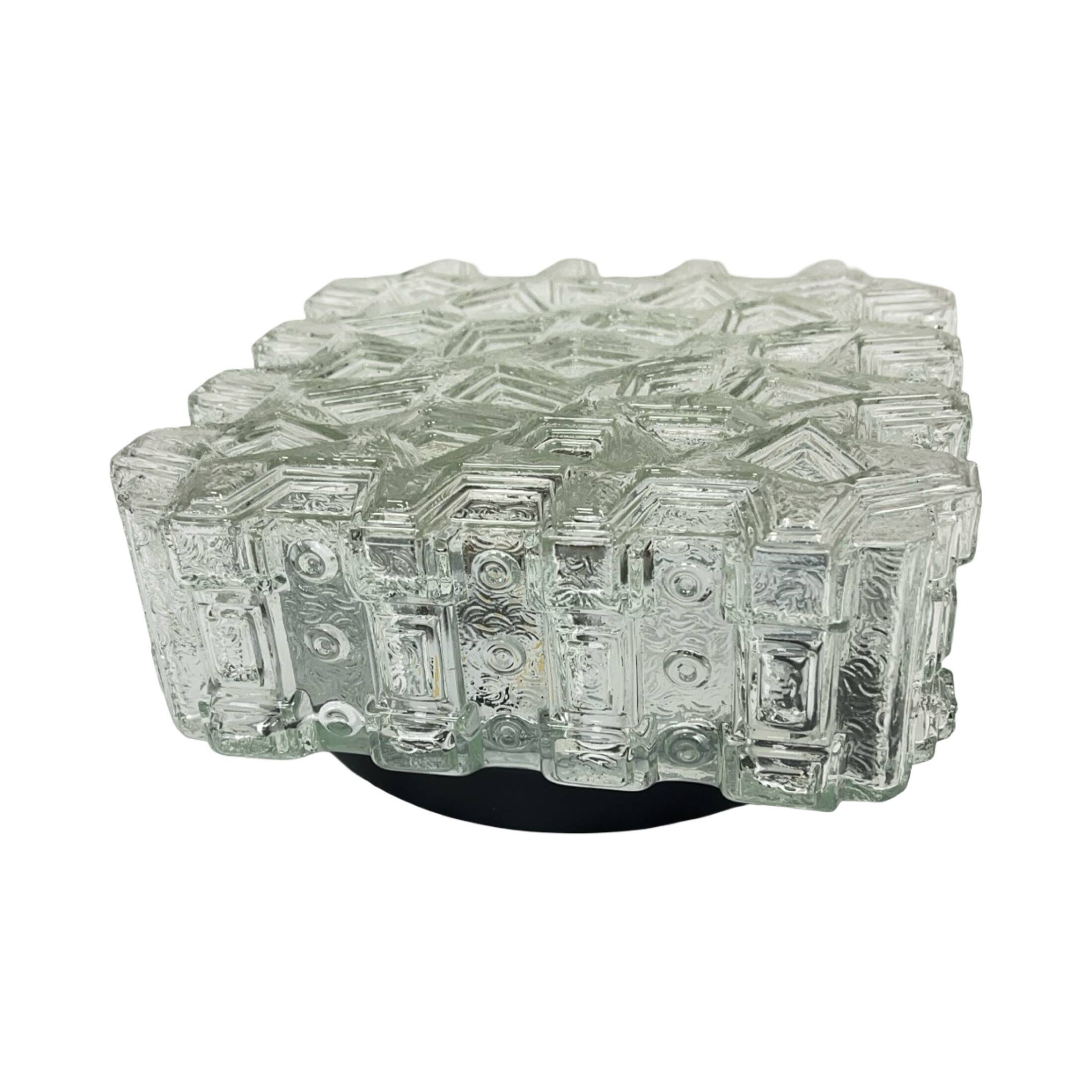 1970s square Hillebrand ceiling light made of thick pressed glass.