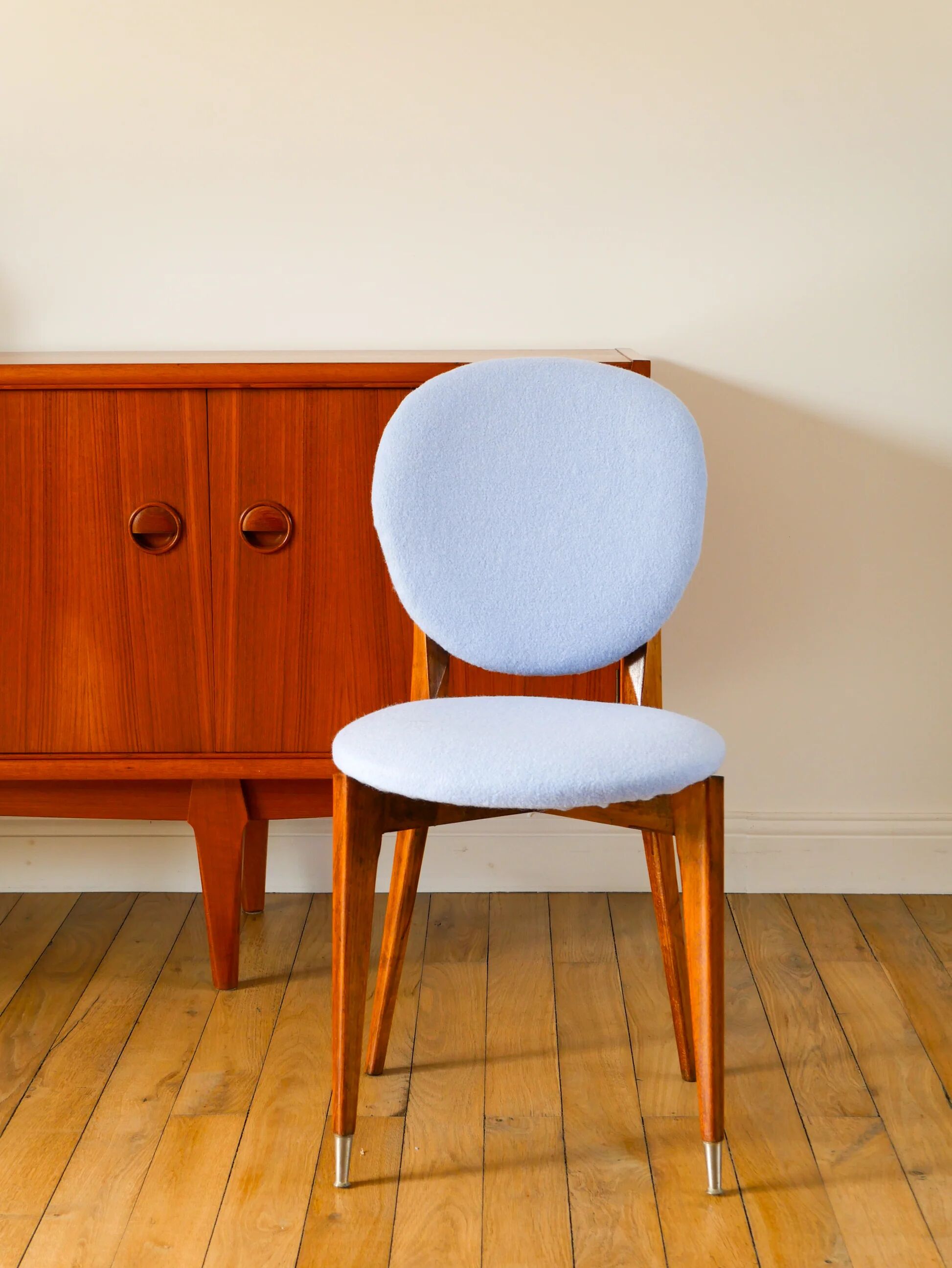 Beech wood chair, reupholstered in baby blue boiled wool, 1950.