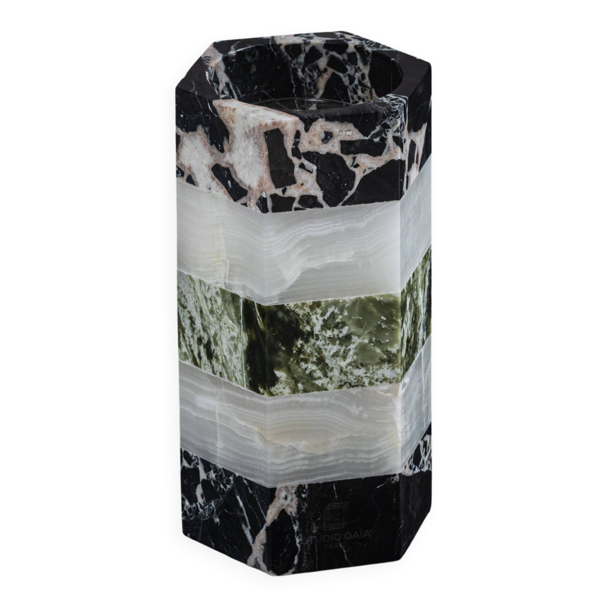 Emma vase in marble, white and green onyx