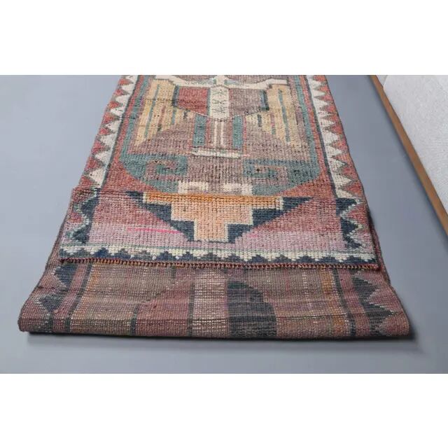 Vintage Turkish Oushak Handmade Wool Cotton Pink Runner Rug 97x323