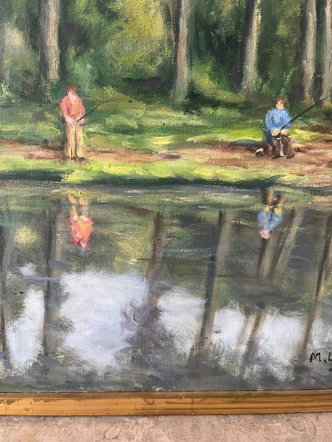 Fishermen at Brochard Pond, signed M. Louis, 1981