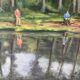 Fishermen at Brochard Pond, signed M. Louis, 1981