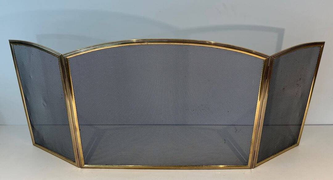 Three-Panel Neoclassical Fire Screen with Wire Mesh and Brass Frame