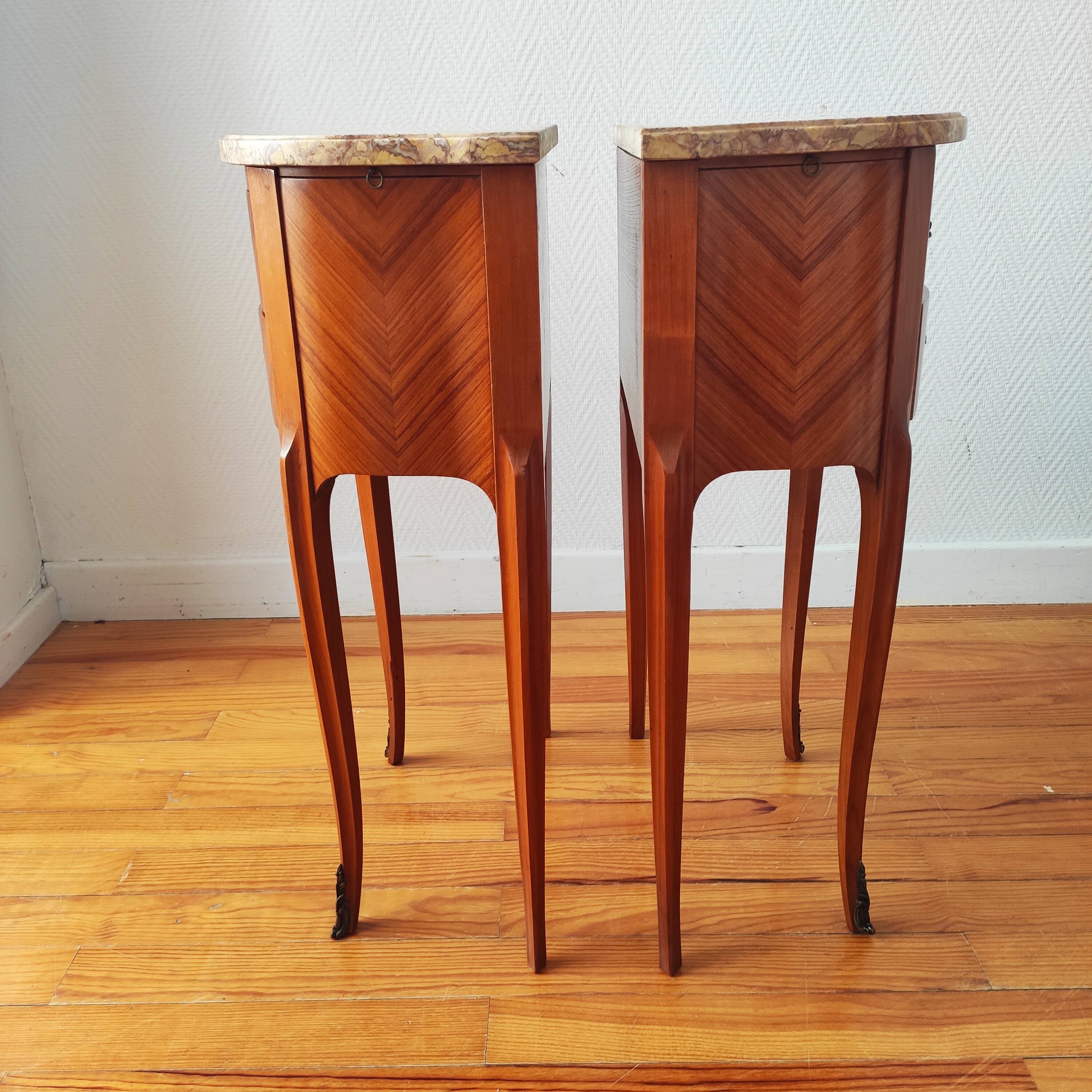 Pair of Louis XV style bedside tables in wood and marble