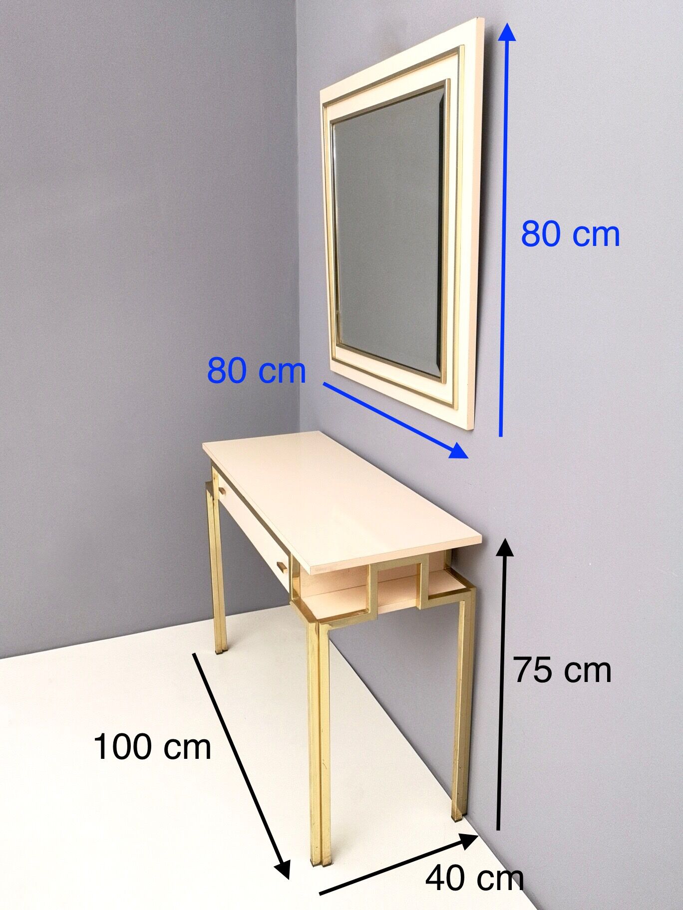 Postmodern pale pink formica and brass console with wall mirror, italy