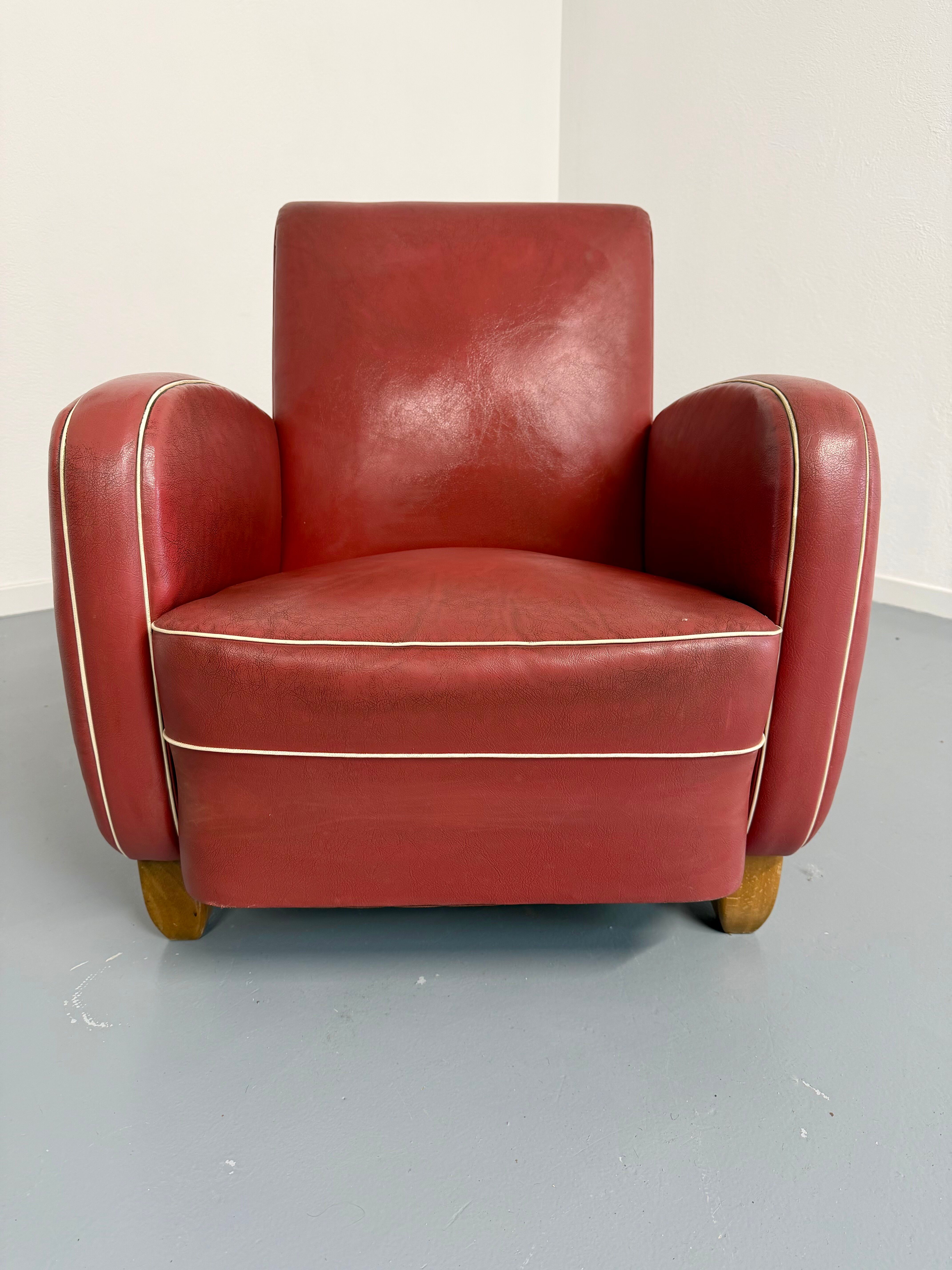 Vintage red faux leather Art Deco club chair from the 1940s/50s.