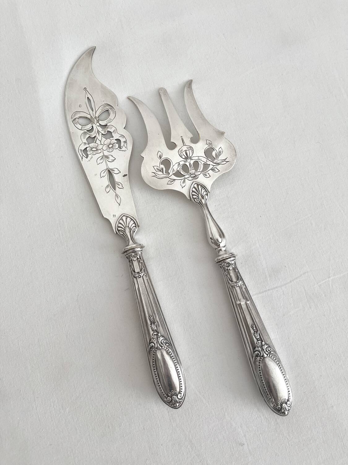 Antique silver and silver-plated fish serving cutlery