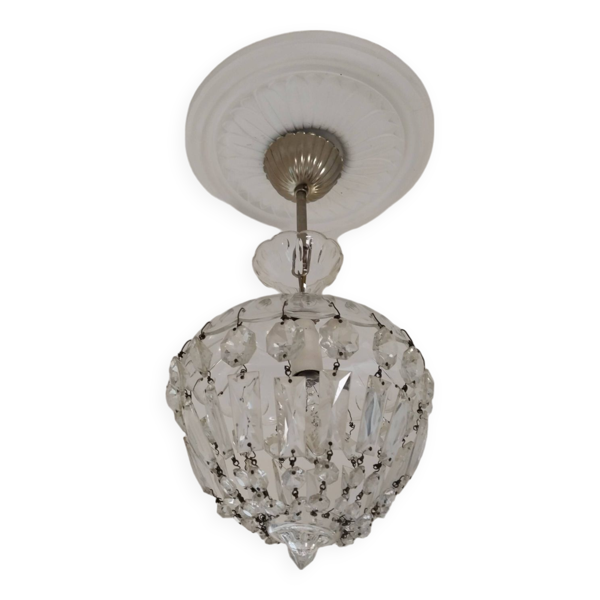 Lustre ancien à pampilles  , suspension vintage , shabby chic