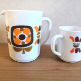 Mobil pitcher and 3 Mobil mugs design 70s