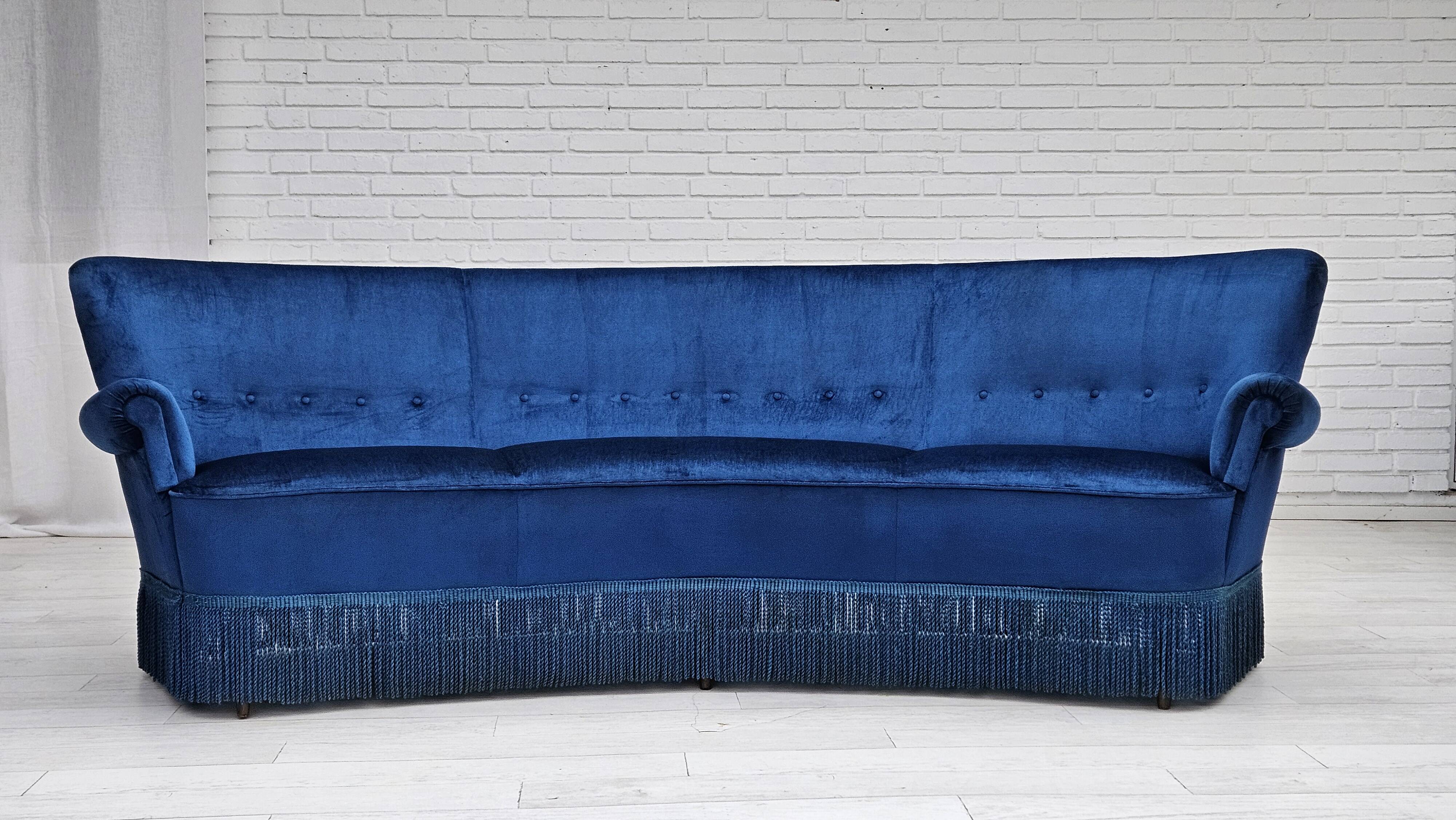 1960s, Danish 3-seater curved sofa, blue furniture velour, beech wood legs.