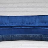 1960s, Danish 3-seater curved sofa, blue furniture velour, beech wood legs.