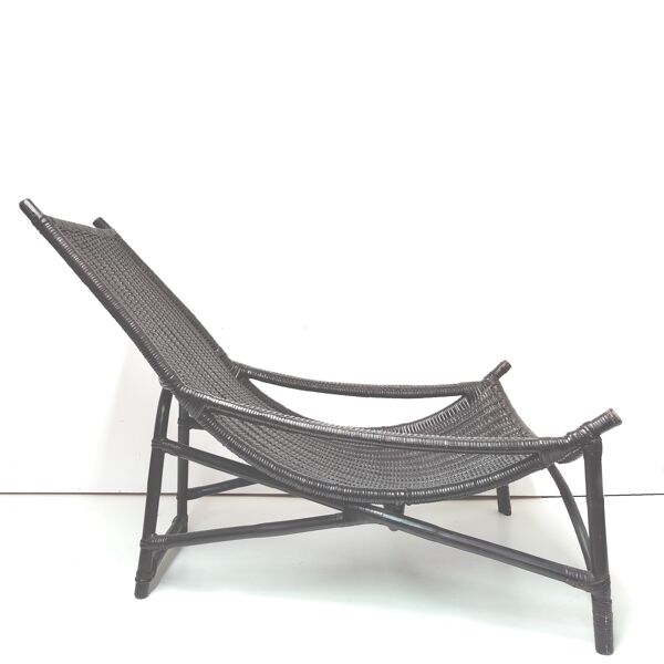 Chaise longue transat vintage en rotin noir