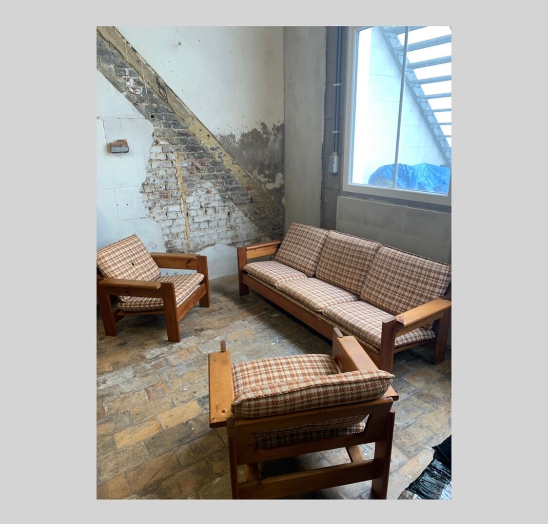 Brutalist pine sofa and armchair, france, 1960