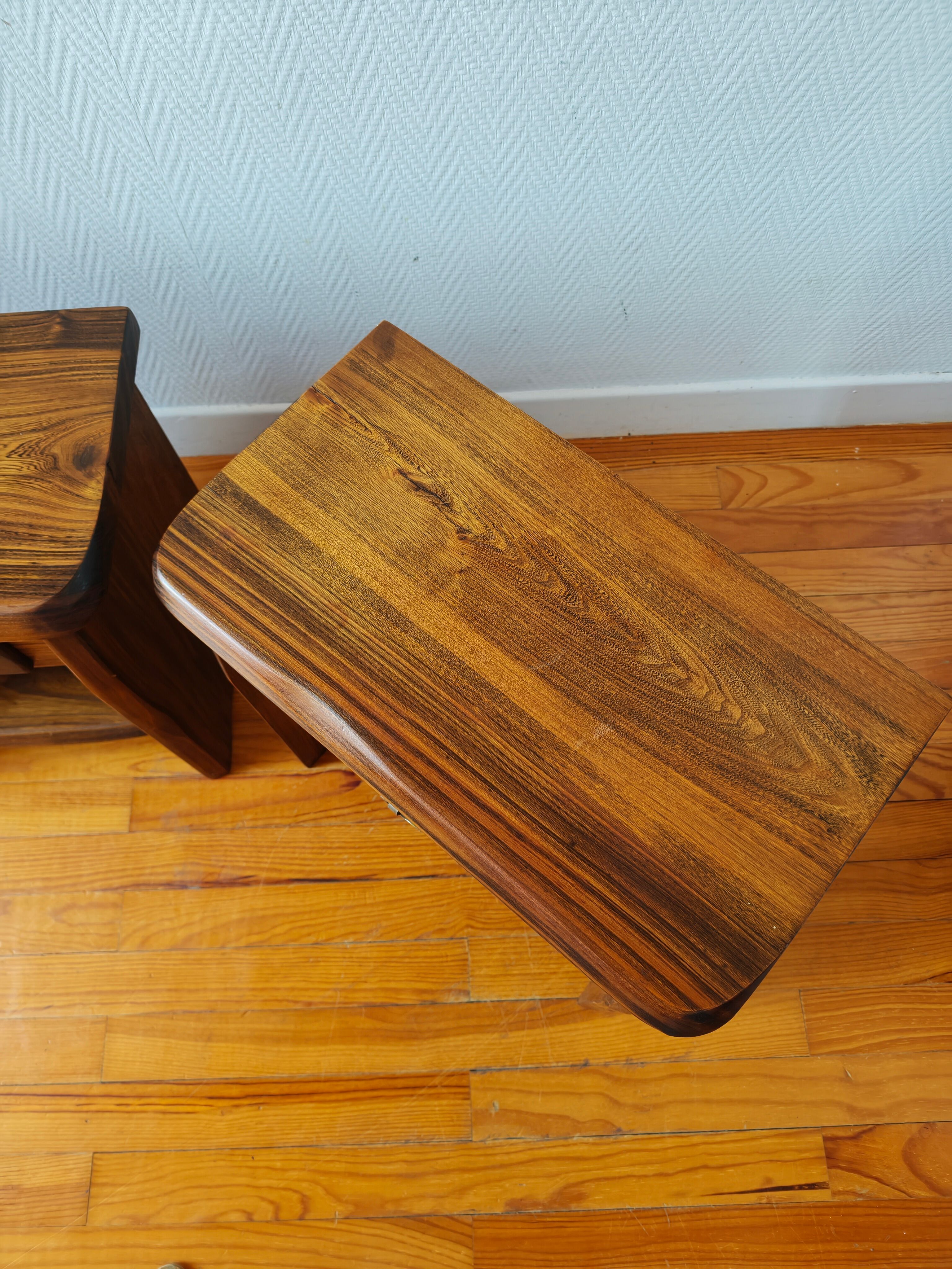 Pair of solid elm bedside tables, France 1970.