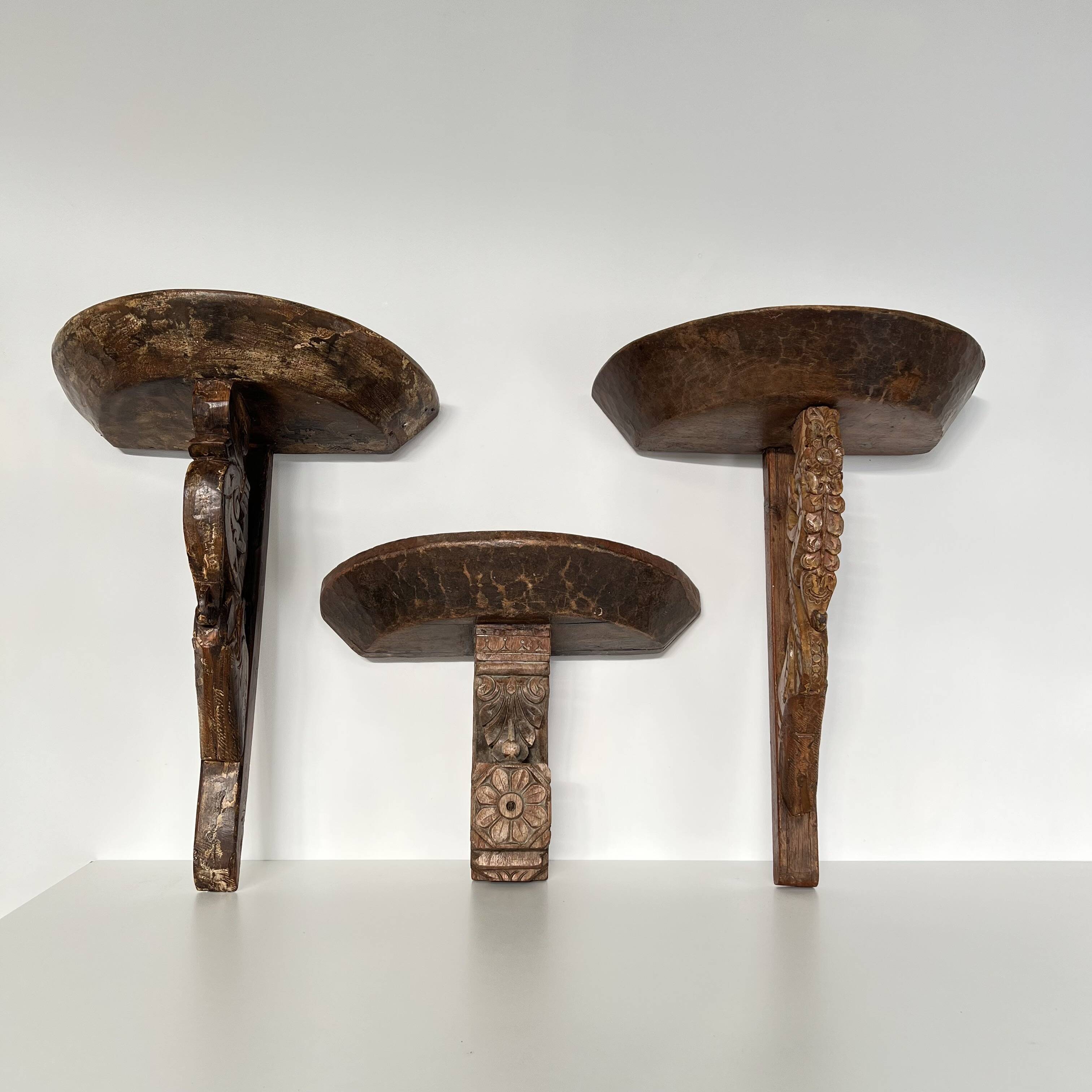 Set of 3 antique wall console lights, carved wooden shelves