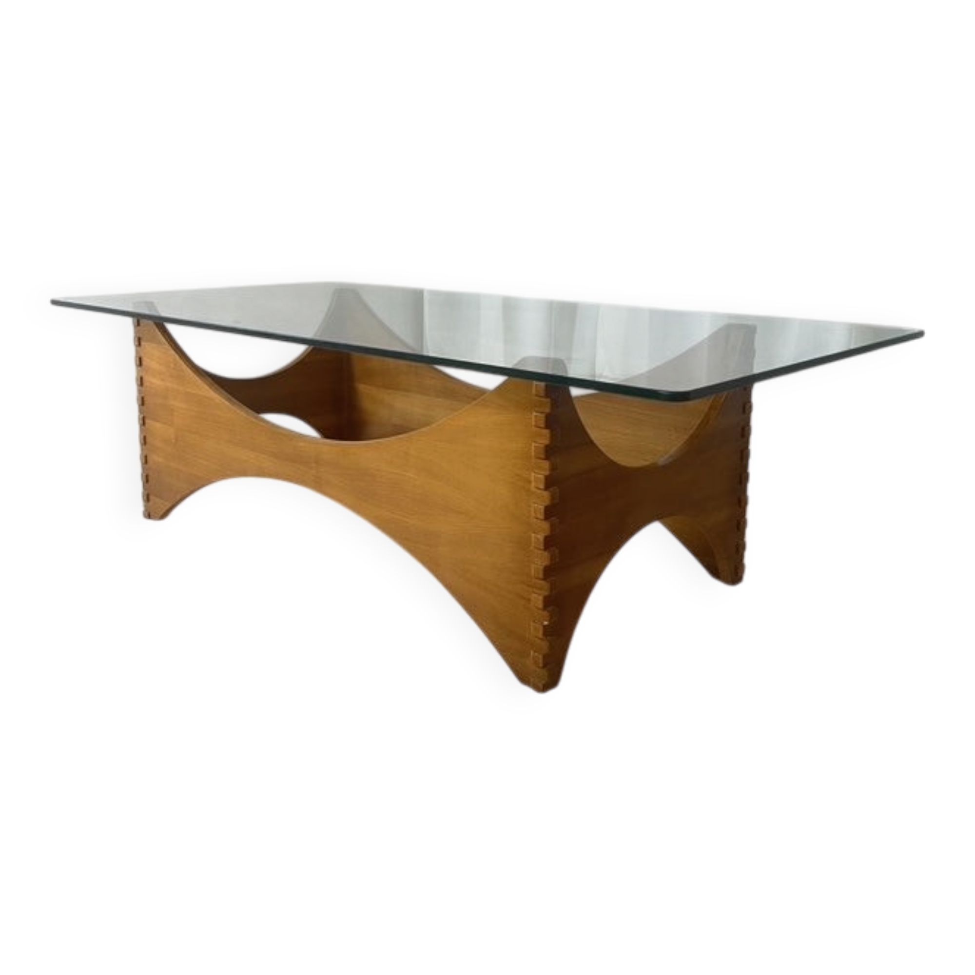 Sculptural coffee table in mahogany and glass – Europe, 1970s