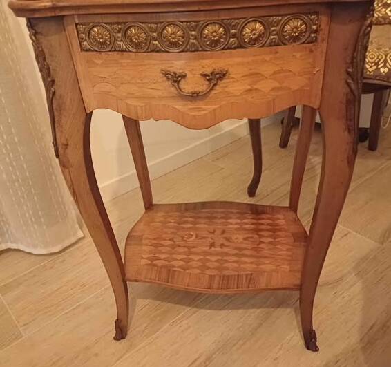 Pair of Louis XV style bedside tables with marquetry and bronze.