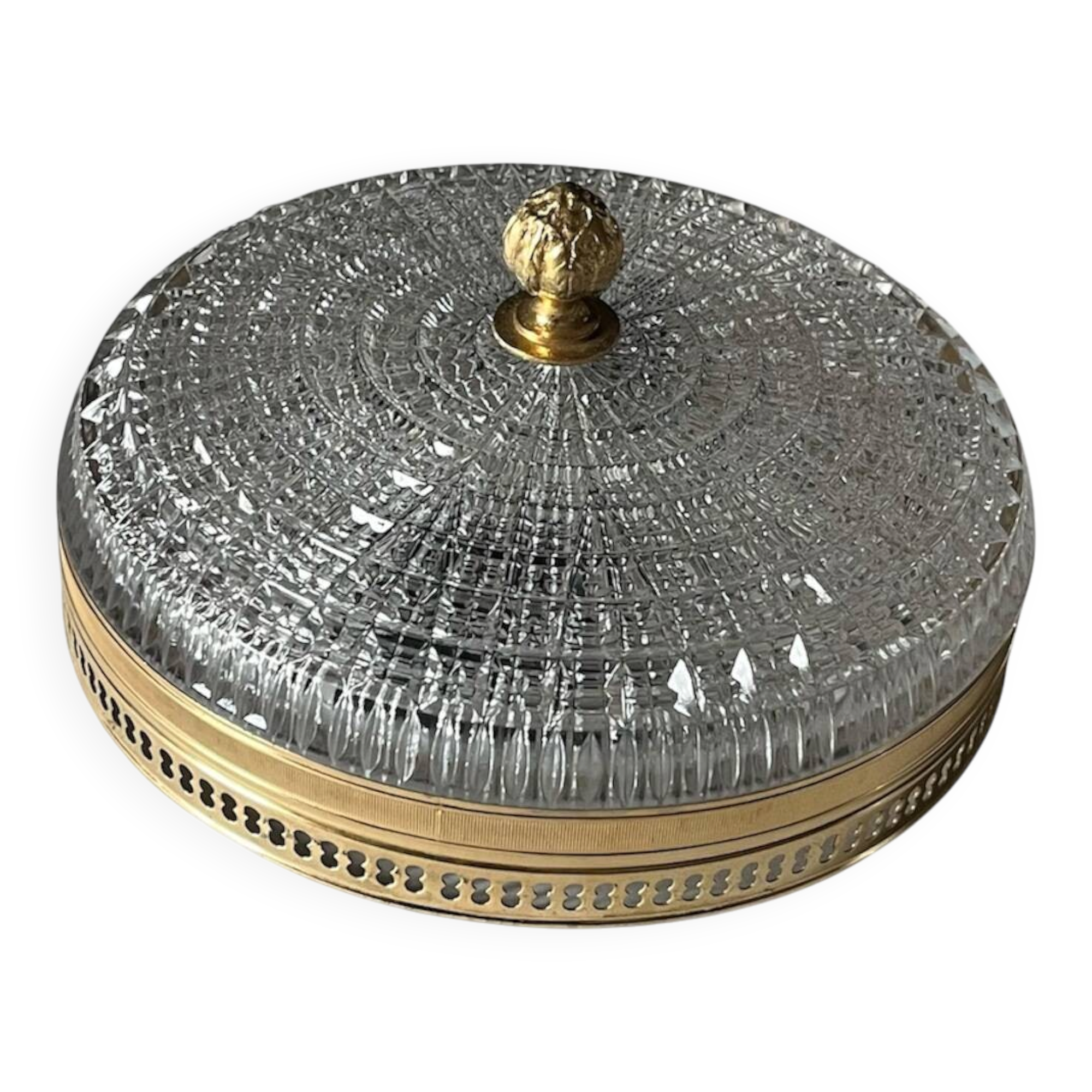 Glass and gold metal ceiling light, vintage model from the 1930s.