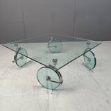 Vintage glass coffee table on wheels, 1980s - Italy