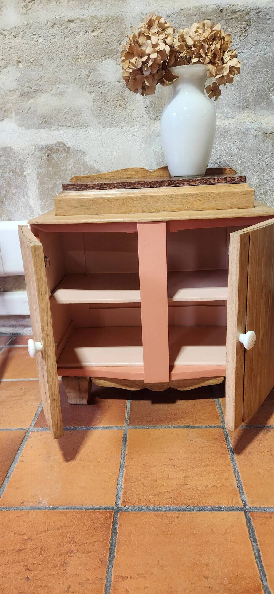 wood and marble bedside table revamped in terracotta