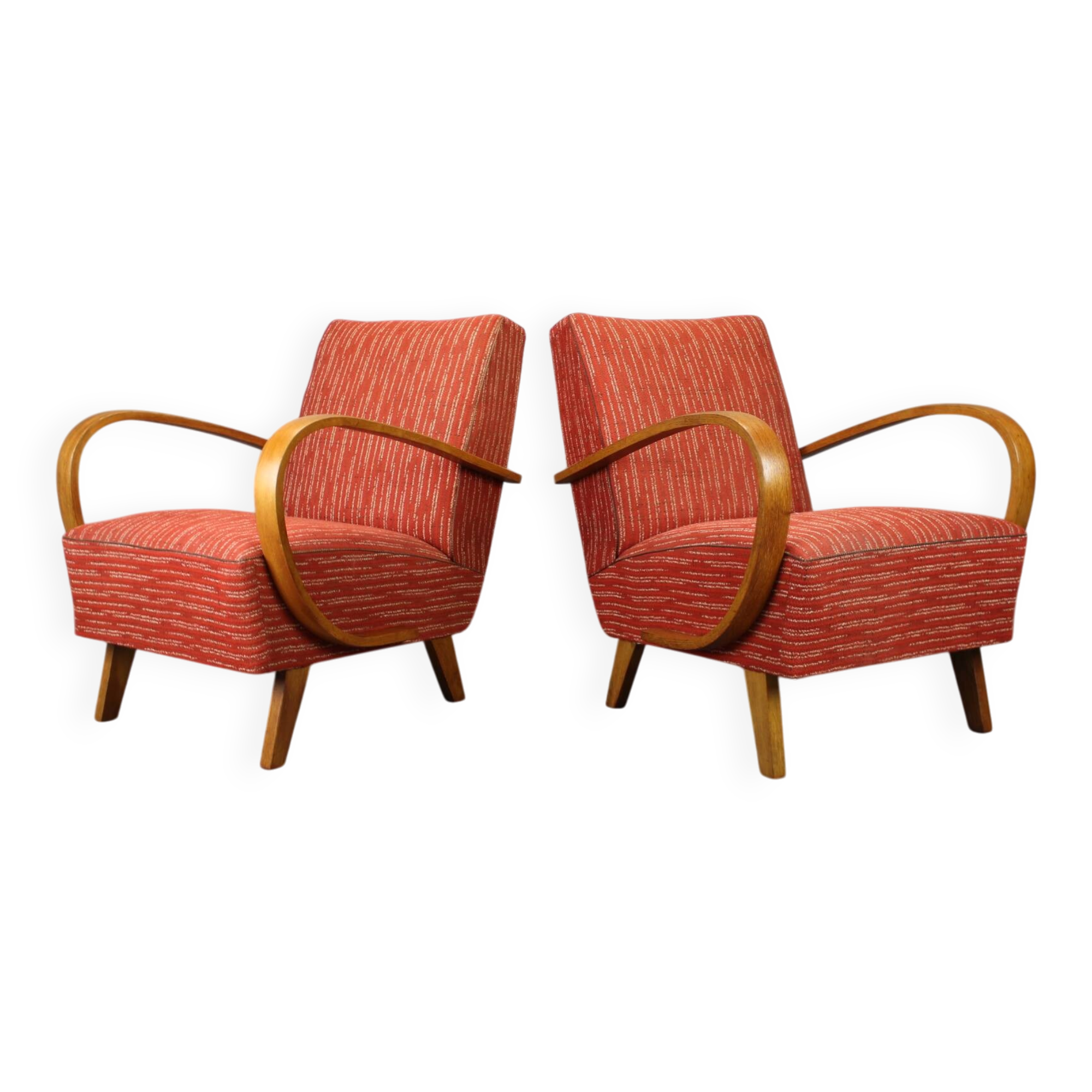 Pair of Halabala deck chairs from the 1950s, curved wooden chairs, Czech Republic.