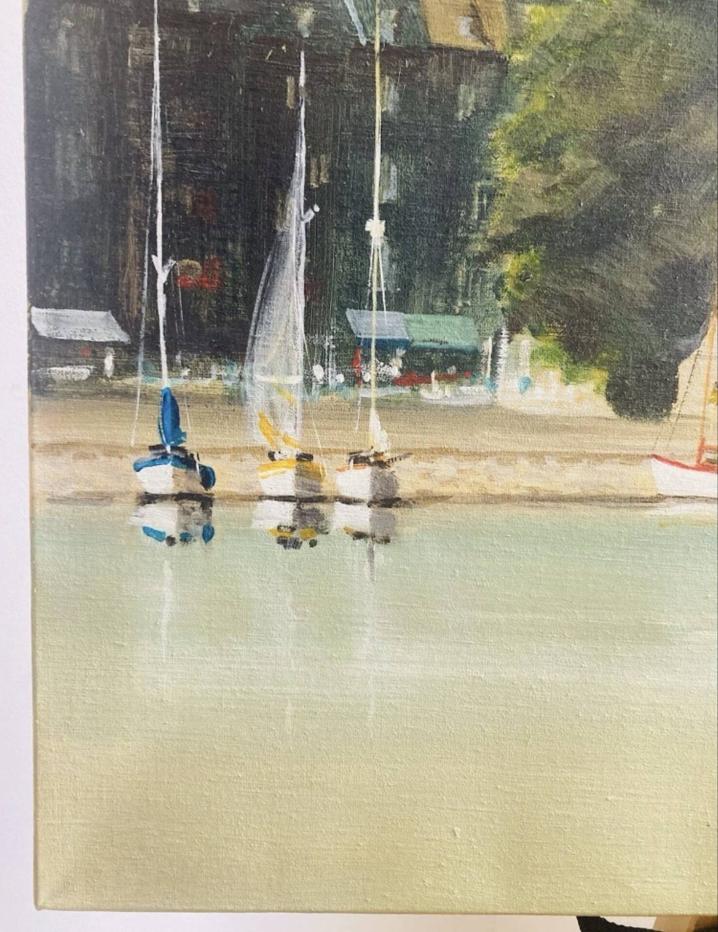Oil painting on canvas of the old port of Honfleur signed Alain Huin.