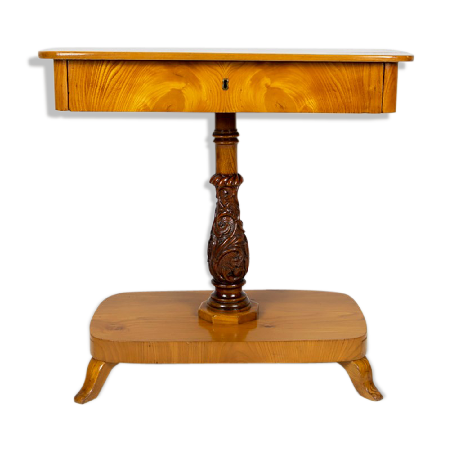 Danish Biedermeier elm occasional table with carved base and drawer