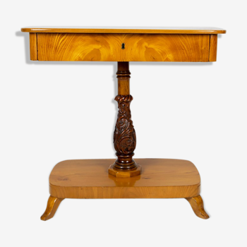 Danish Biedermeier elm occasional table with carved base and drawer