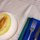 Tablecloth, ecru, blue/green stitching