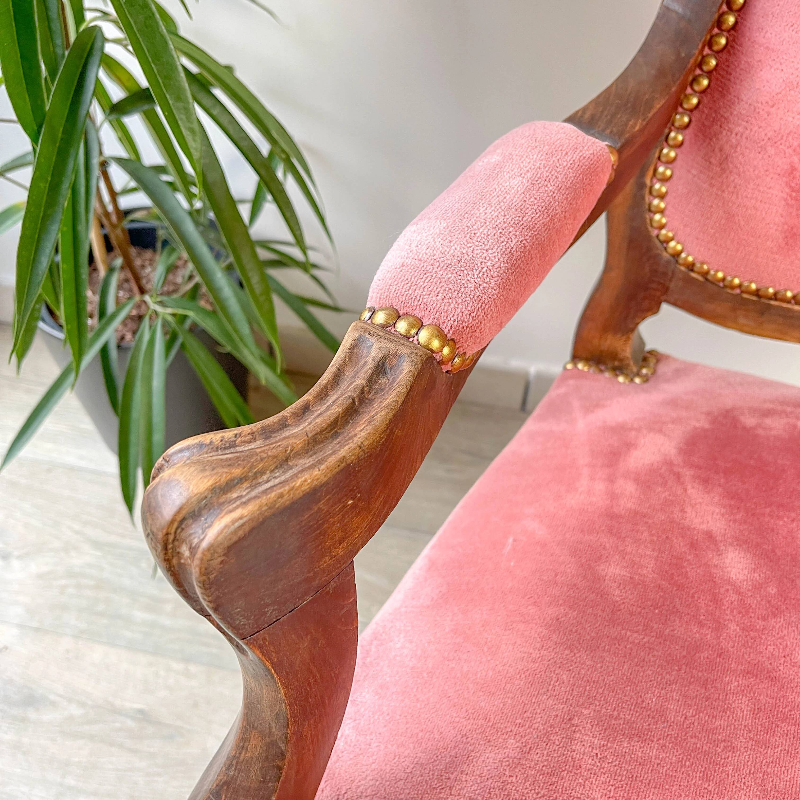 Louis Philippe armchair in pink velvet