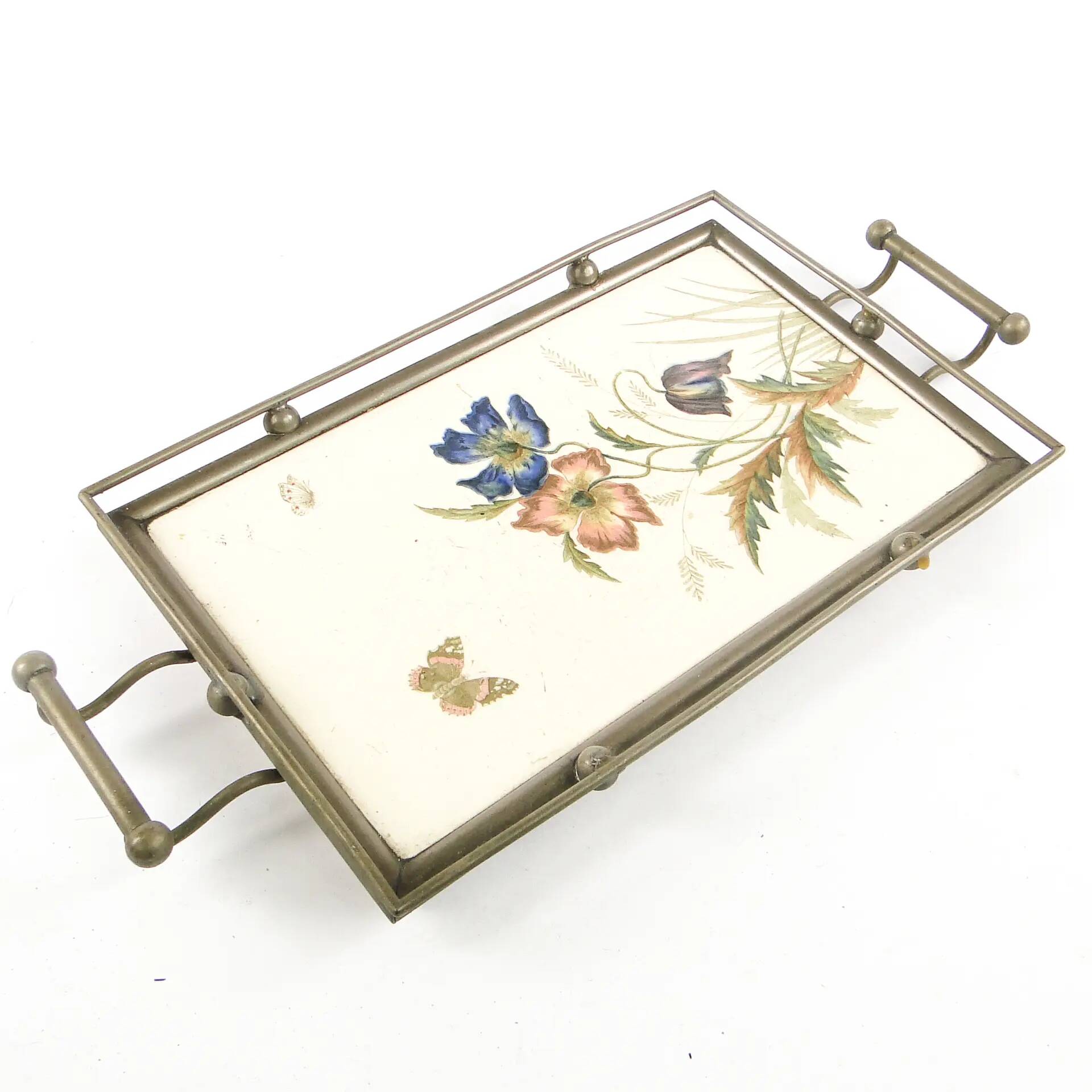Art Nouveau tray, silver-plated brass, white porcelain, Austria, early 20th century