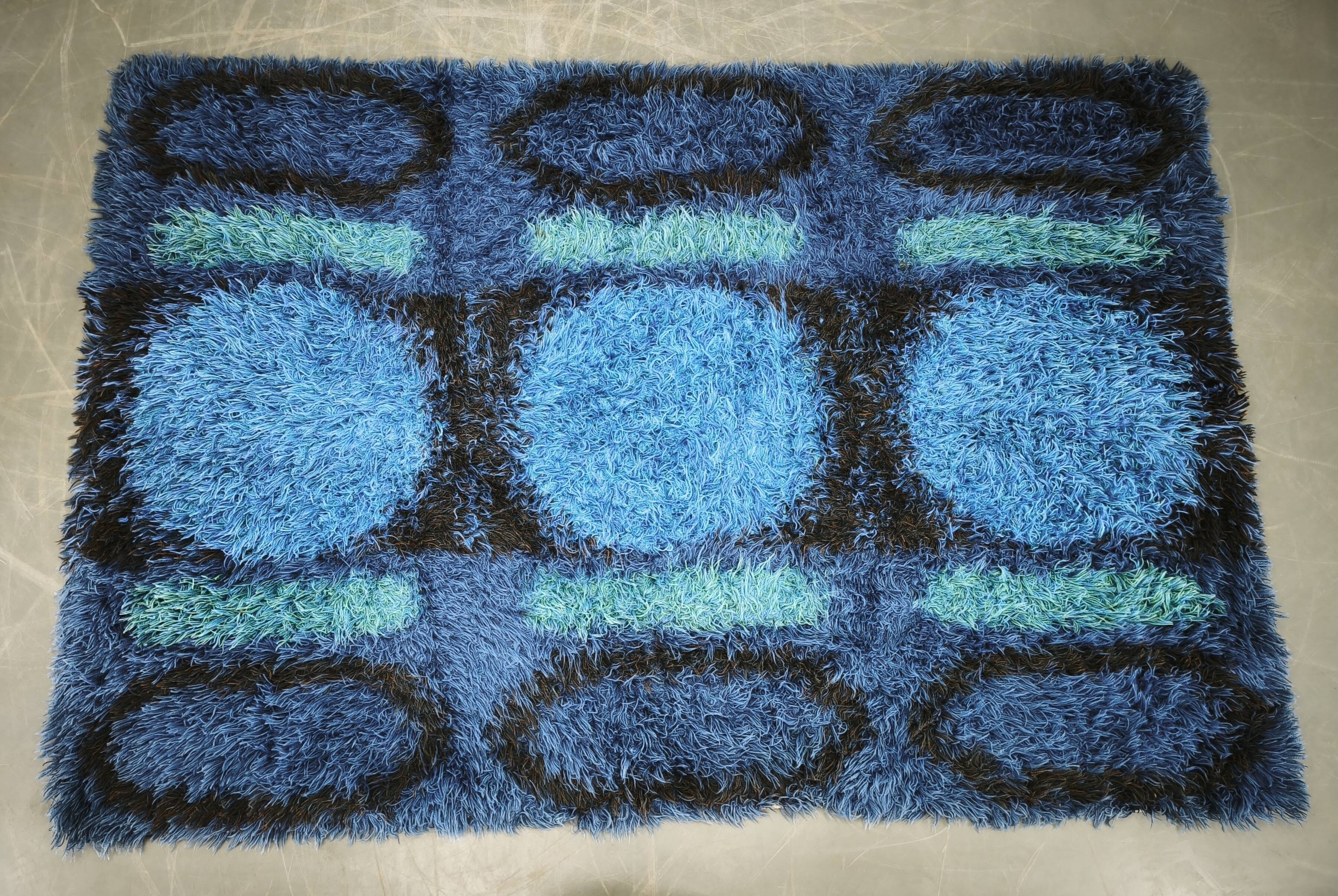 Large Danish Abstract Blue Wool Rya Rug in Ege Style