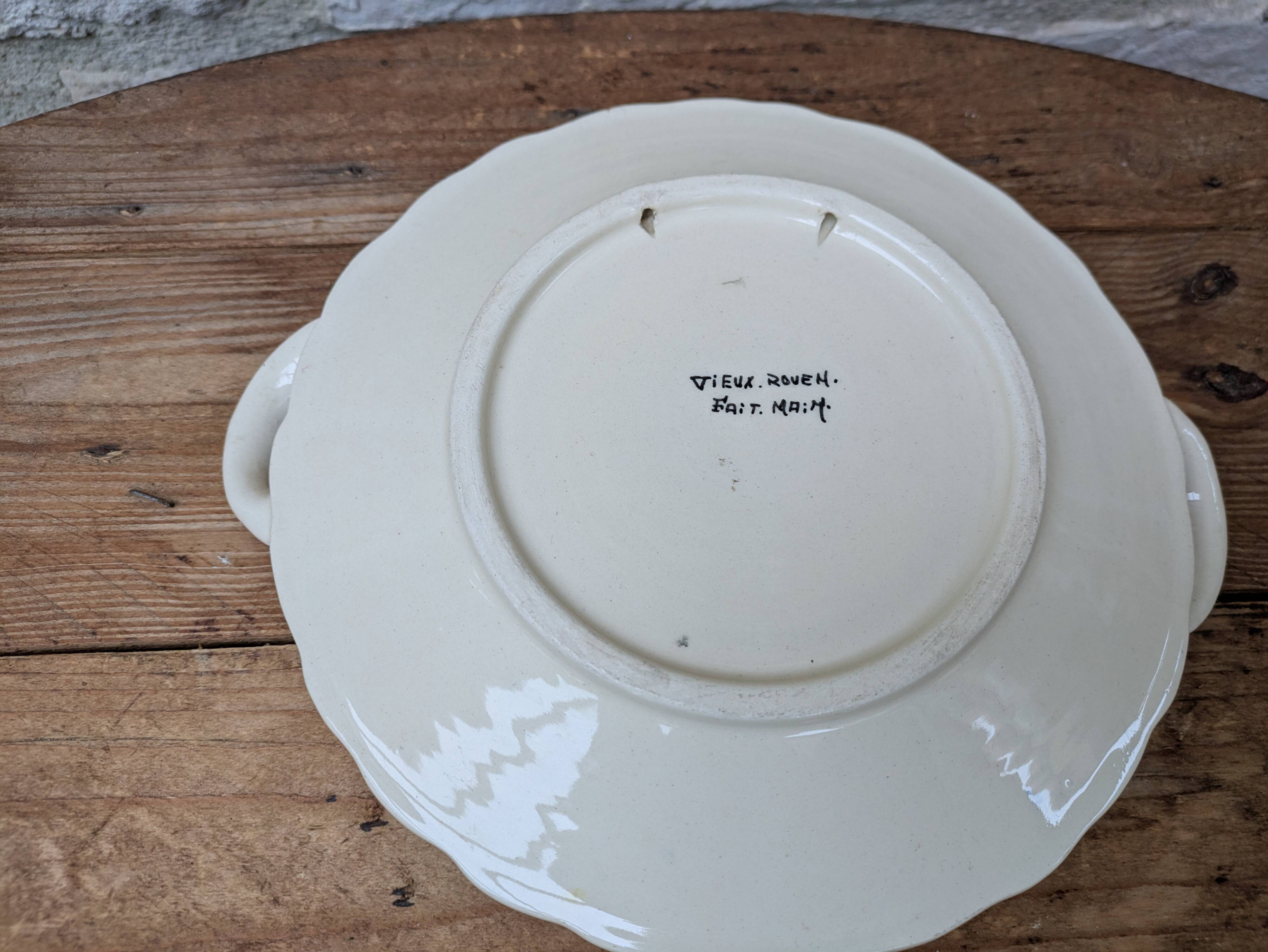 Old decorative plate with handles Old Rouen handmade