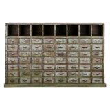 Workshop furniture in patinated solid wood with 56 drawers and 8 lockers