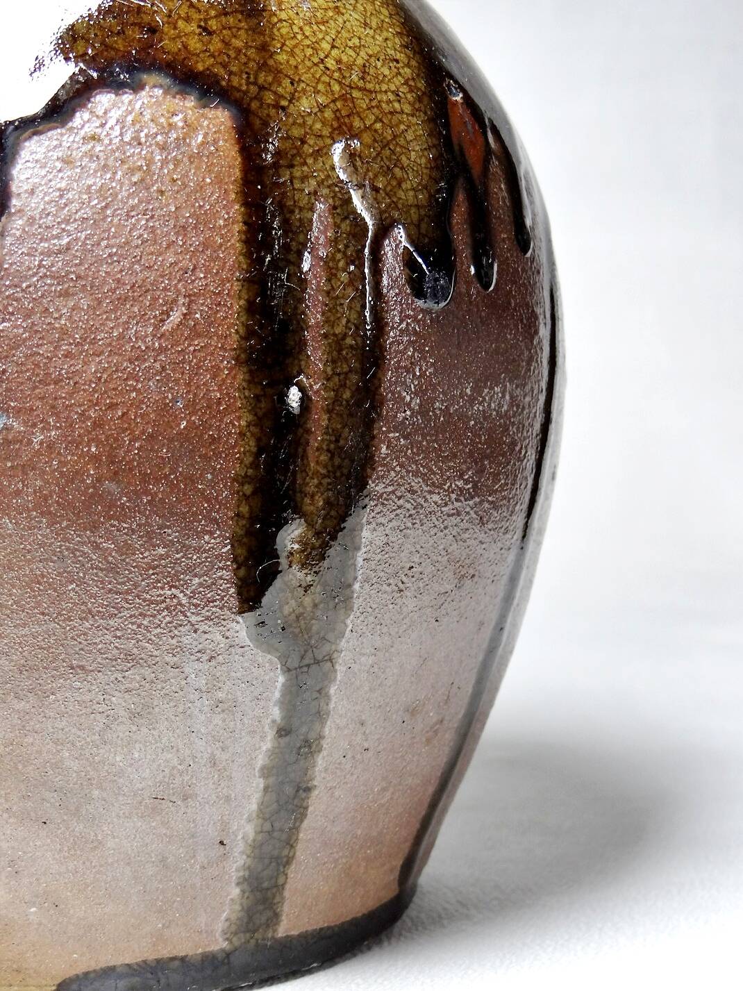 Old stoneware oil jar, glazed and enamelled, 2 handles