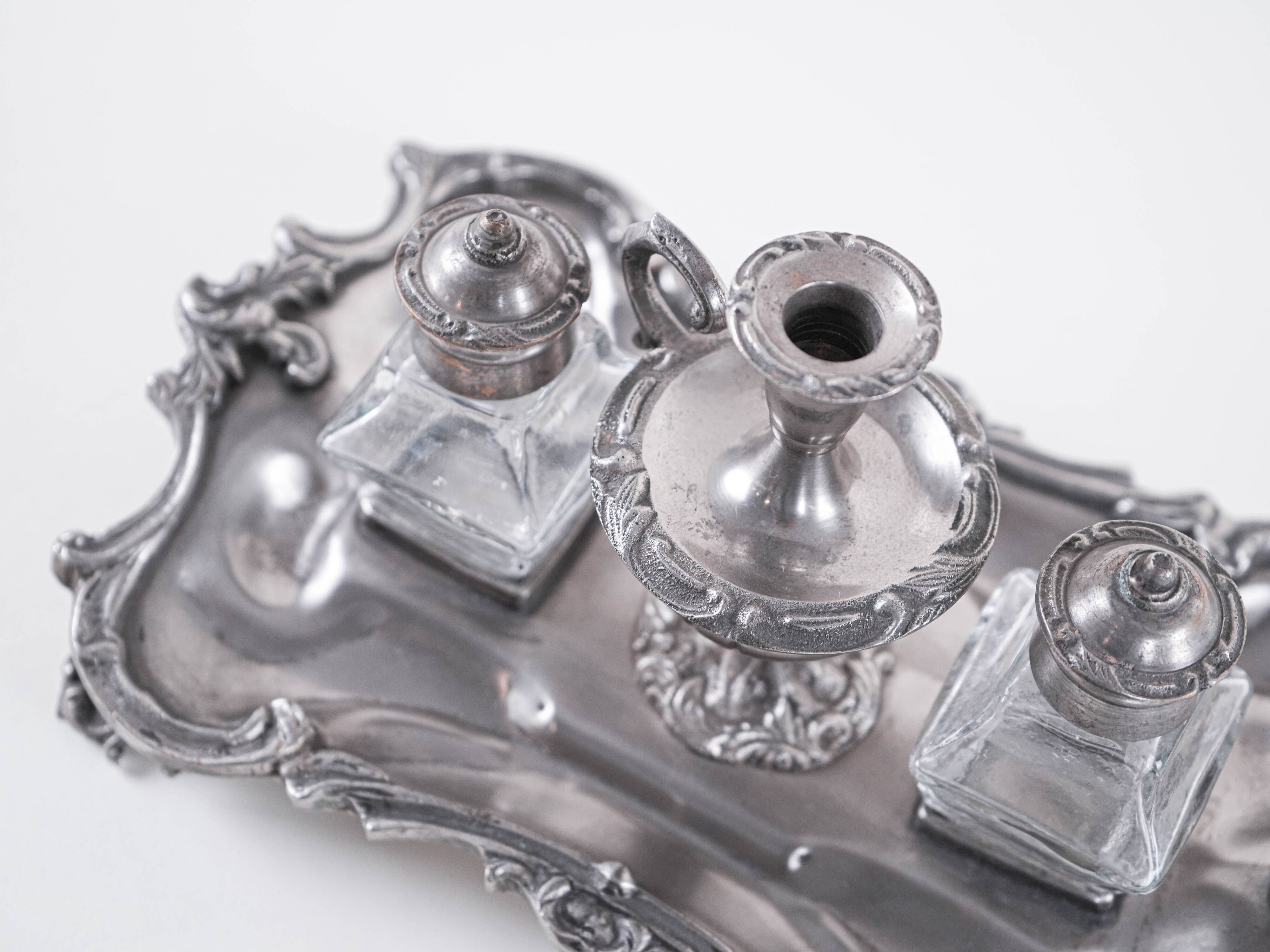Decorative Art Deco table set – metal tray with glass flacons, European craftsmanship