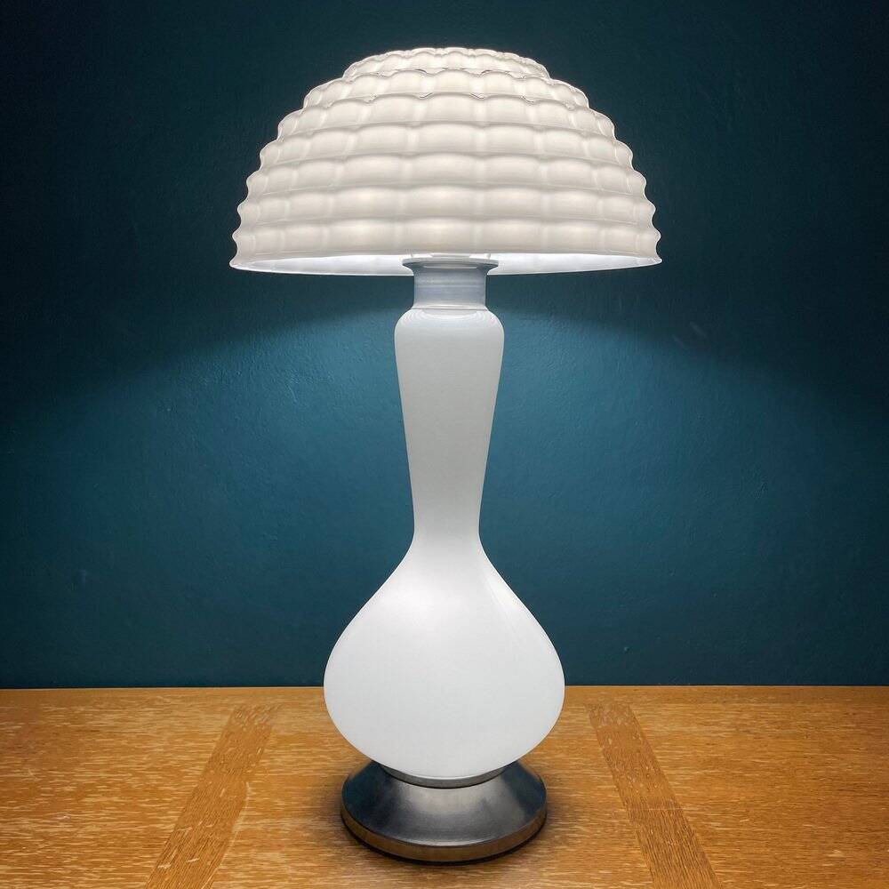 Large Mushroom Table Lamp in White Murano Glass, Italy, 1970s