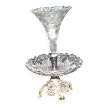Centre de table romantique – vase cornet tulipier en verre et métal argenté 1900