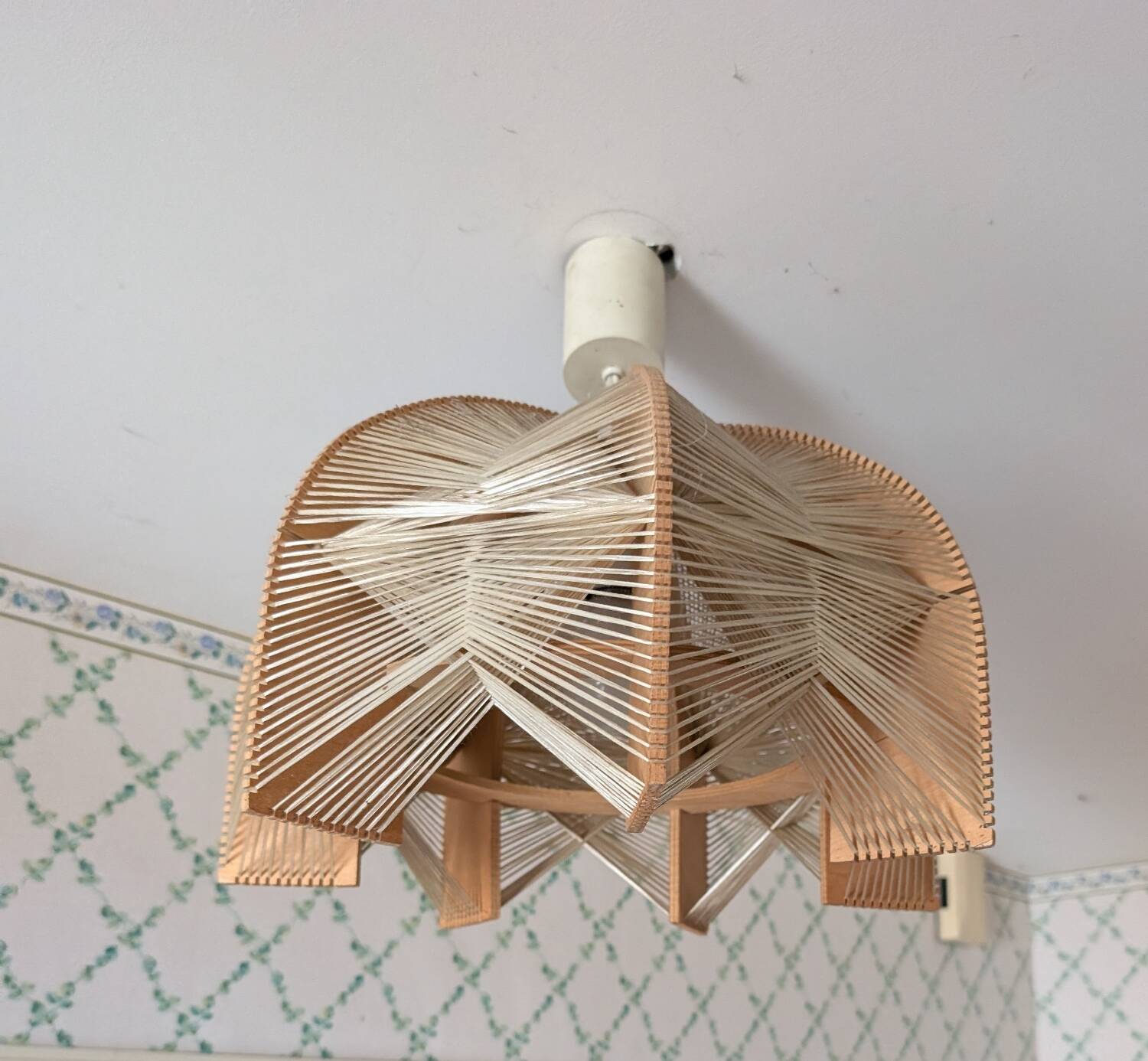 Vintage Scandinavian wood and raffia pendant chandelier