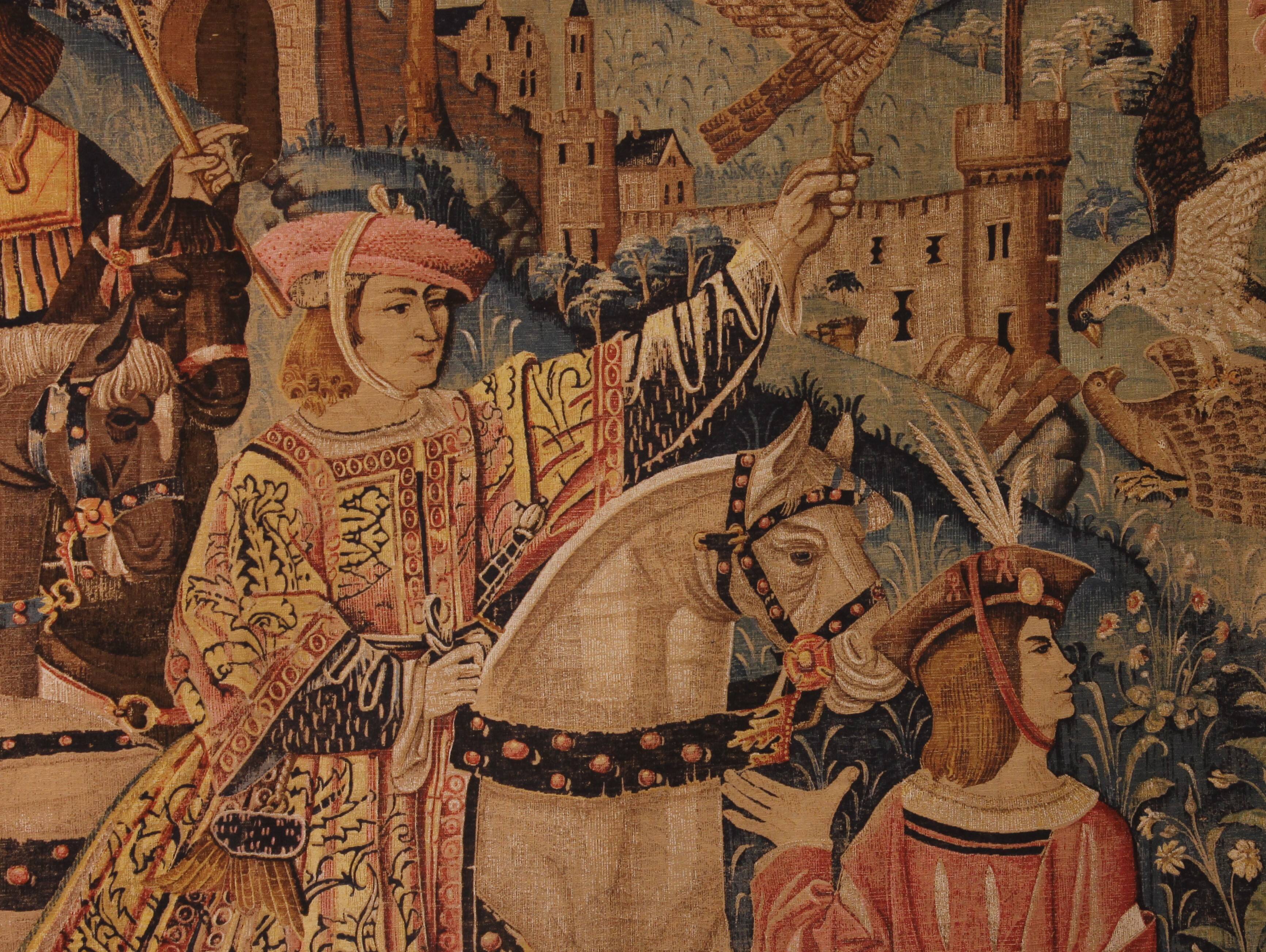 stencil tapestry - Gothic flamboyant falcon hunting scene - 19th century