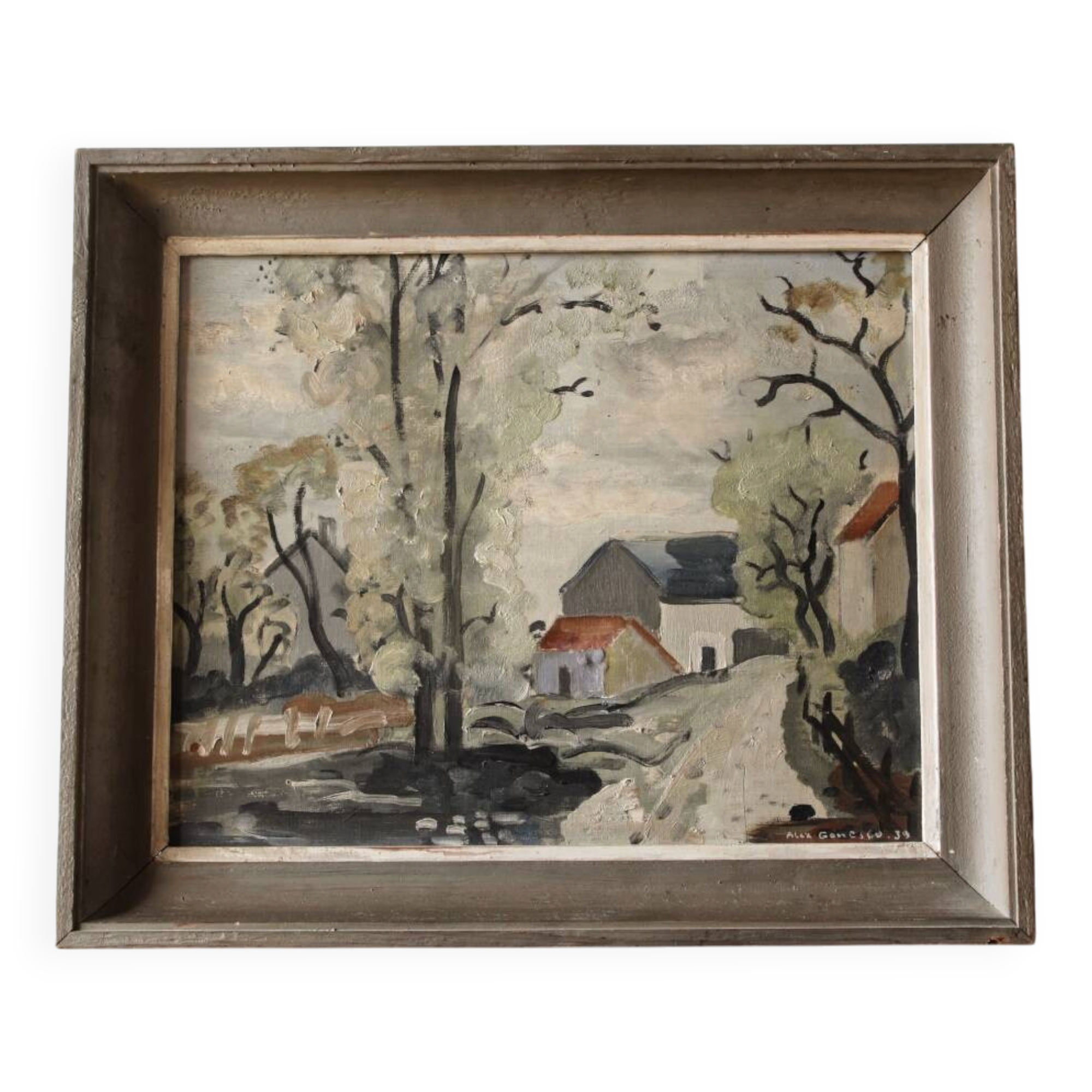 Oil on isorel, 1939, village, signed Alex Gonesco