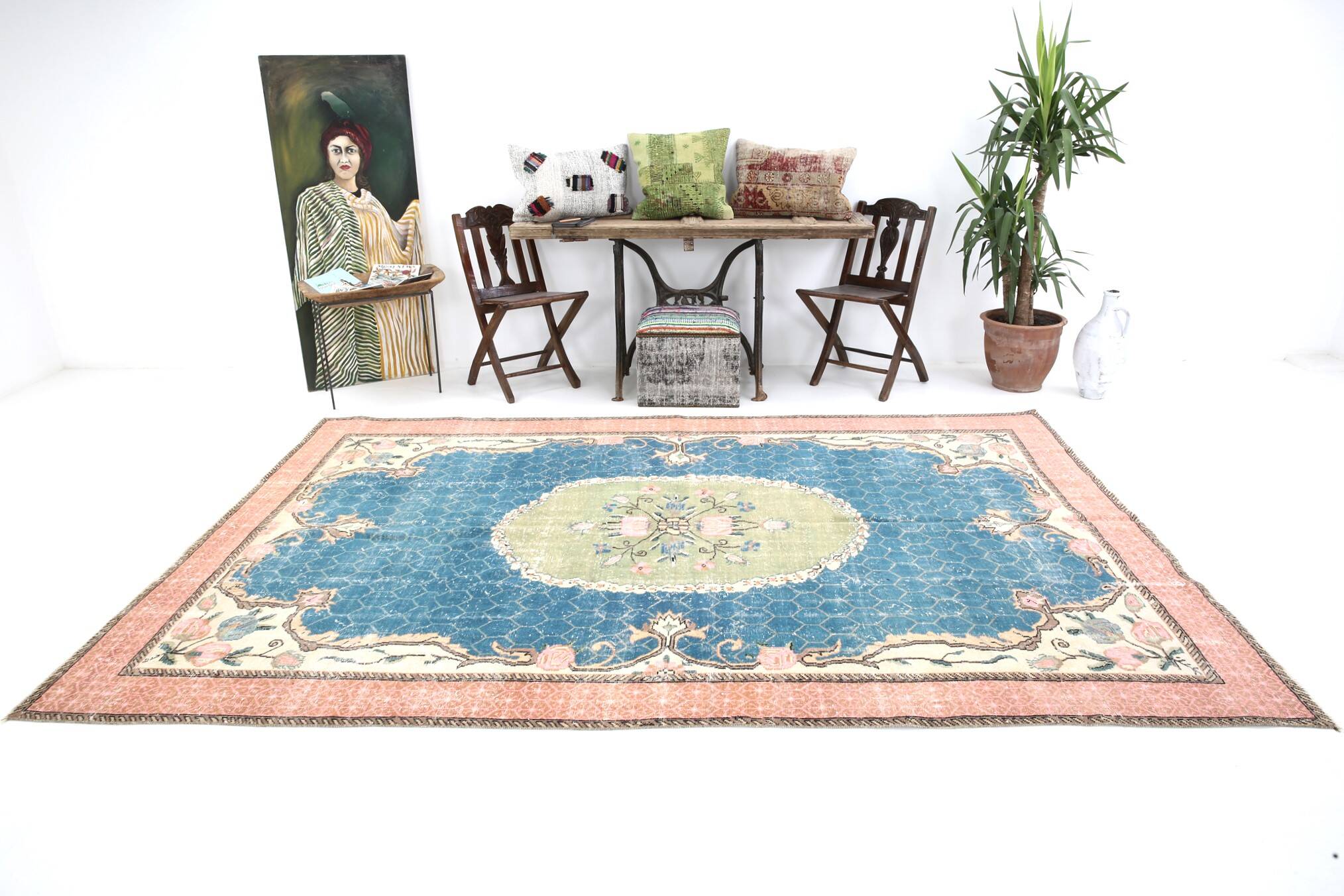 7x10 Blue & Green Handmade Turkish Vintage Rug, 211x320 Cm SK4996